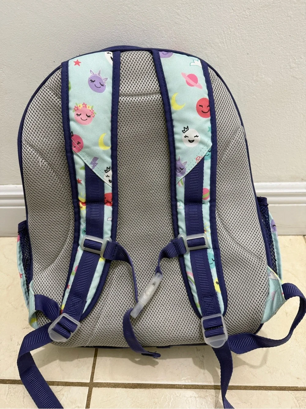 Pottery Barn Kids Mackenzie Large Backpack Bookbag blue-smiley faces GUC